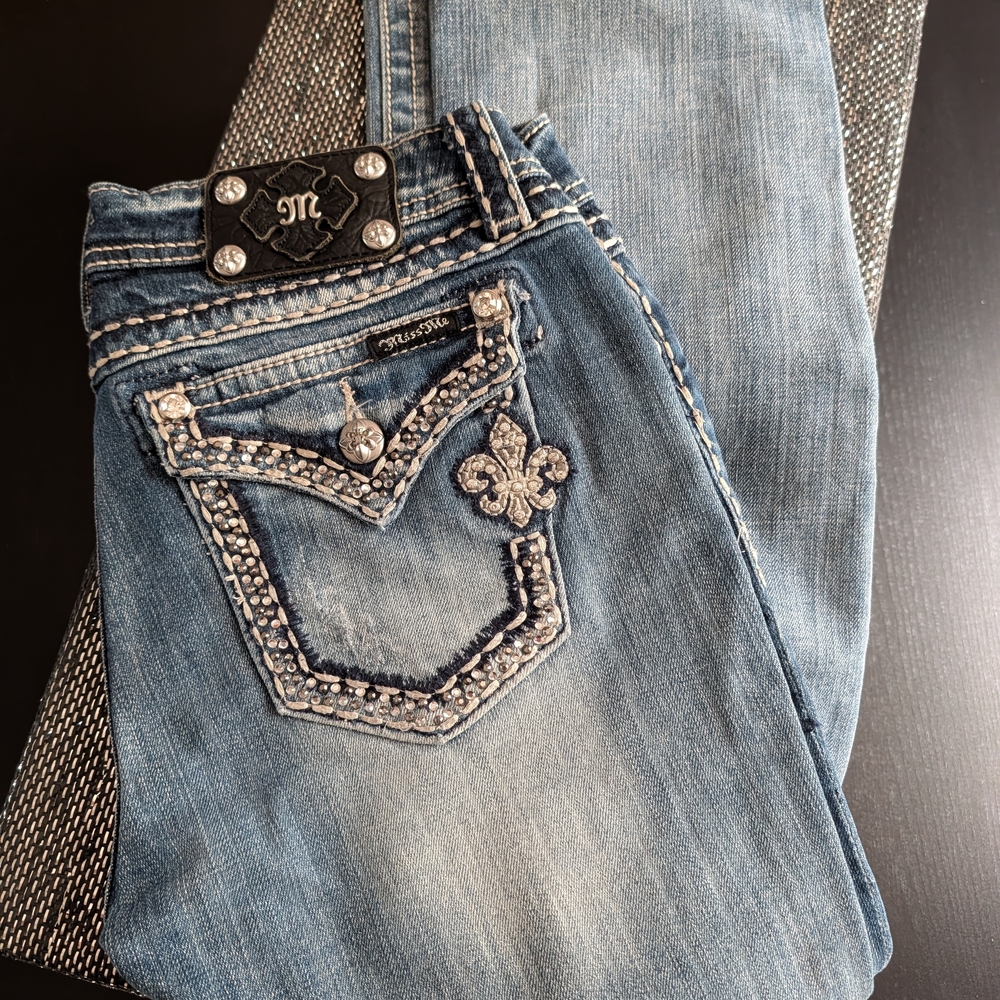 Miss Me Blue Straight Leg Jeans with Embellished Pockets - Picture 2 of 9